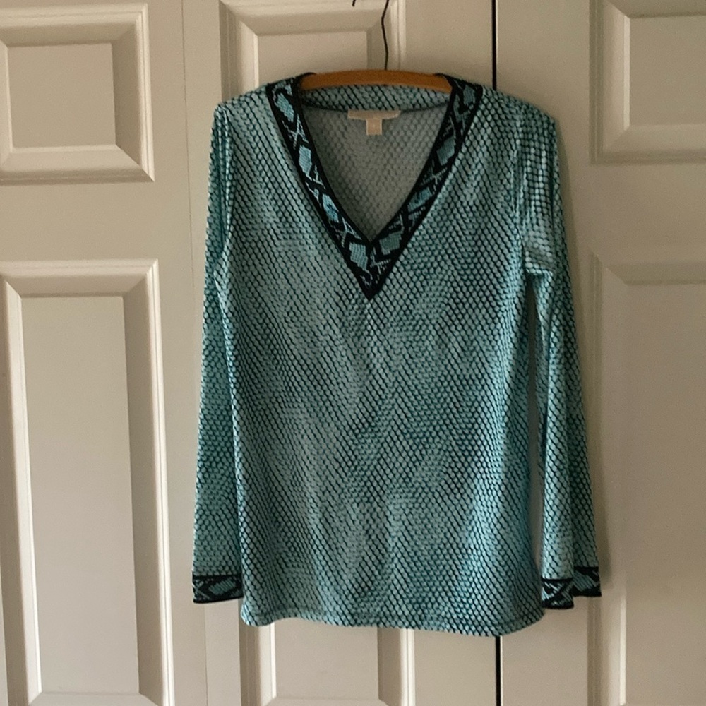 Michael Kors women’s v-neck top small blu green black print